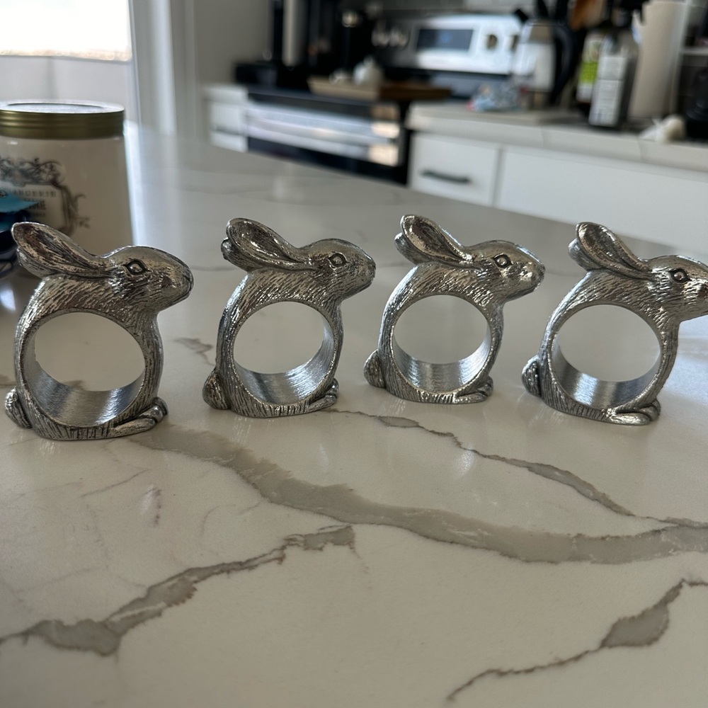 Set of Four Arthur Court Aluminum Napkin Ring Bunnies